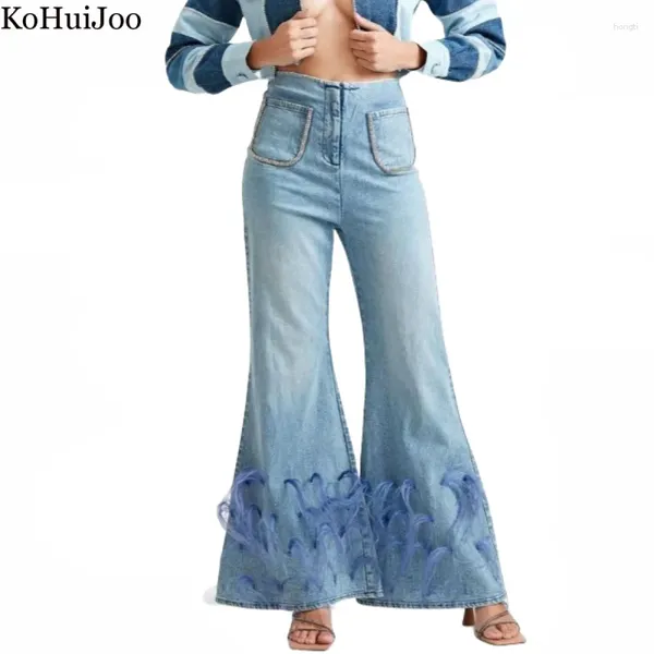 Frauen Jeans Kohuijoo Feather Design Frauen hohe taillierte Herbst Streetwear Mody Patchwork Strass -Perlen -Casual Flare Hosen