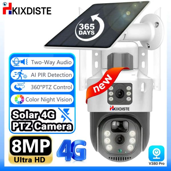 Lente 4K 4G SIM CARTA DO LENS DUAL Câmeras solares de vigilância de 8MP PTZ Câmera de bateria colorida Nightvision pir Detecção Audio V380 Pro