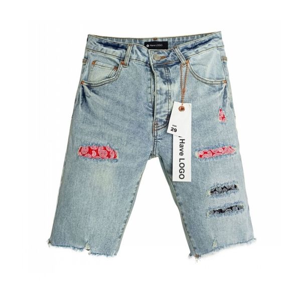 Lila Jeans Shorts Männer Skinny Jeans Denim Shorts Blue Ripped Löcher Motorrad Biker Patch Spleiß Mode Hip Hop berühmte Druck Jeanshose