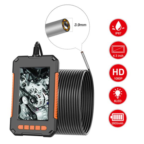 Kameras Industrielle Endoskop 3,9 mm/8mm Boorescope Inspektion Kamera 4.3 '' Bildschirm 1080p HD Schlangenkamera mit 6 LED -Leuchten 2600 Uhr Batterie