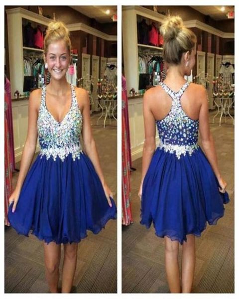 Crystal Royal Blue Prom Kleider Kurzes Heimkehrkleid -Perlen -Gurte Chiffon Minirock 8. Klasse Abschlusskleider Strass PA6760255