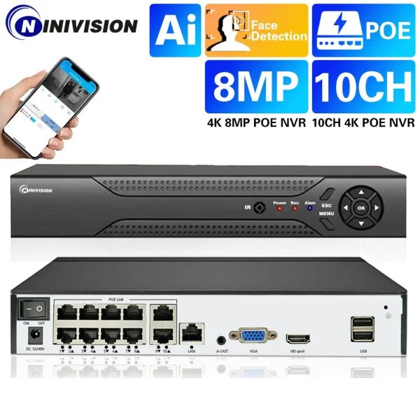 Lens 4K CCTV NVR 4CH 10CH POE Video Gözetim Kayıt cihazı IP Kamera Sistemi için Yüz Algılama E -posta Uyarısı POE NVR Kayı