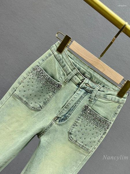 Frauen Jeans Strass Denim Bellboden Hosen Mode 2024 Frühlings Sommer hoher Taille Schlanke Fit European Street Mop Hosen