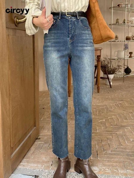 Kadınlar Kot pençeli kadınlar yüksek Belli Denim pantolon ayak bileği uzunluğu 2024 lacivert gevşek vintage düz