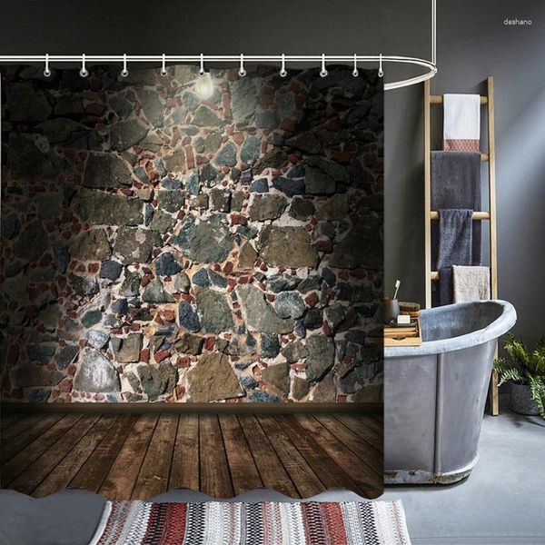 Cortinas de chuveiro idílico retro idílico antigo parede parede de banheiro cortina de banheiro impressão 3d com ganchos pano de poliéster lavável