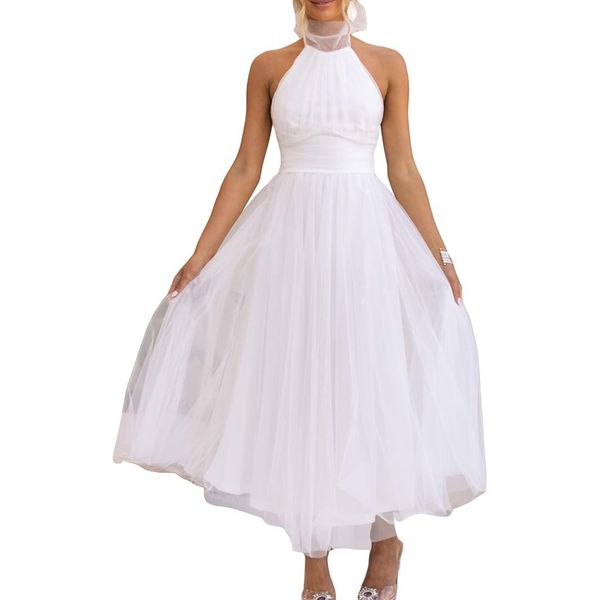 Frauen urbane sexy Kleider fließende Swing Tulle Maxi Kleid Halfterhalter ärmellose Rückenless Cocktail Abend Party Hochzeit ein Linienkleid