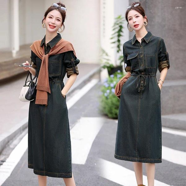 Vestidos casuais jeans vintage 2024 Empire Solid Sleeves Longo Slim Fit Clothing Spring Autumn Moda Sexia Mulheres Vestido