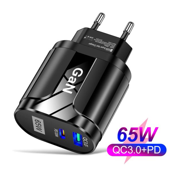 Chargers 65W Gan USB -Ladegerät QC3.0 PD Fast Lading Mobiltelefon Ladegerät Universal Smart Gan Chargers für iPhone Samsung Xiaomi Huawei