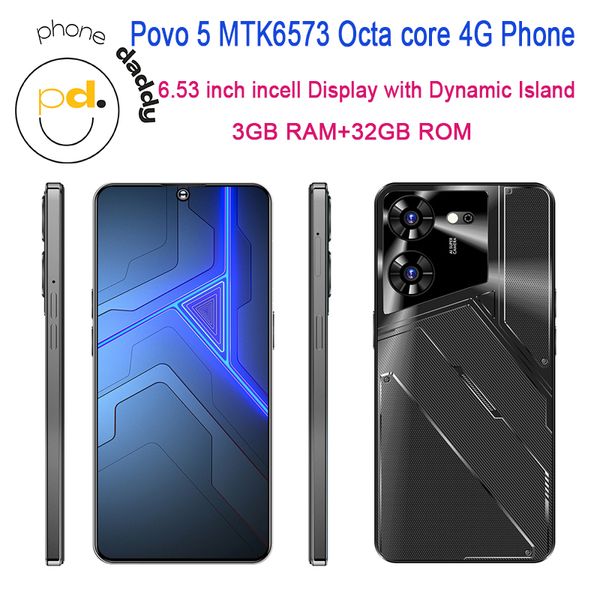 POVO 5 Octa Core 4G Cellphone de 6,53 polegadas Incell Display com Função da ilha dinâmica 3 GB RAM 32 GB ROM 13MP Suporte à câmera de face Mobilephone