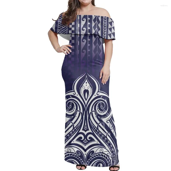 Partykleider blau-weiße Frauenkleid polynesische Stammesgröße Damen elegante und Denous Kleidung Ethnischer Rüte von Schulter