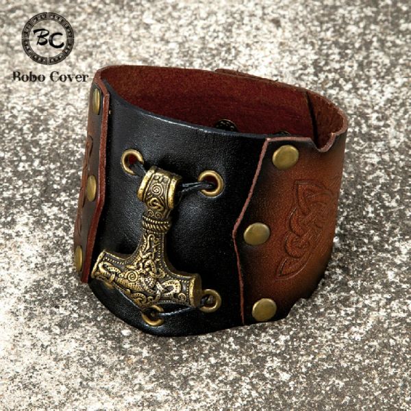 Fios nórdicos vikings pulseira de couro genuíno homem thors martelo mjolnir bracelete trinity amulet amuleto jóias de bronze vintage