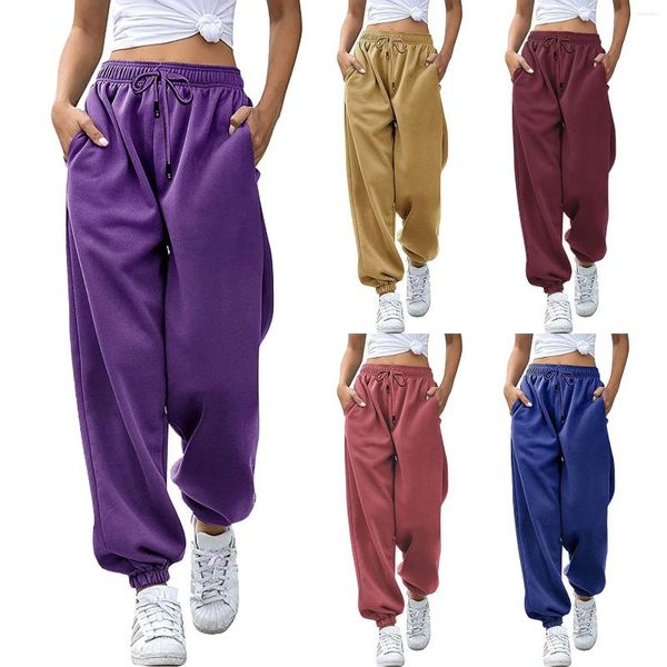 Calça feminina feminino trabalho casual calça de moletom de soldado de gola alta ioga de cintura alta com bolsos pantalones de mujer