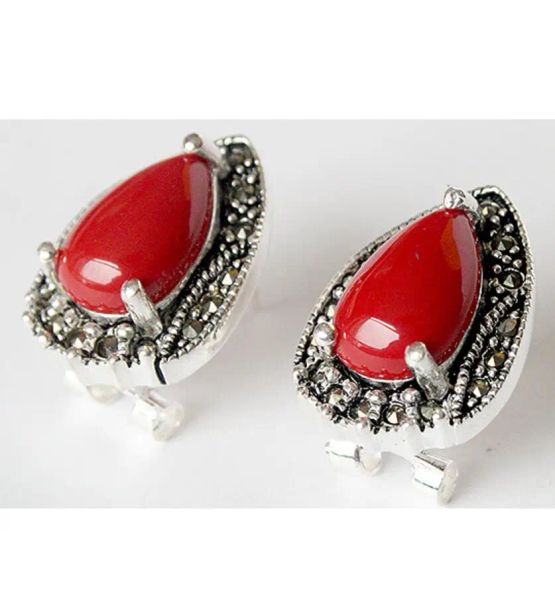 Ohrringe Vintage 925 Sterling Silber Red Coral Marcasit Stud Ohrringe 15x19mm Luxus Echtes heißes Verkauf Braut Hochzeit Schmuck