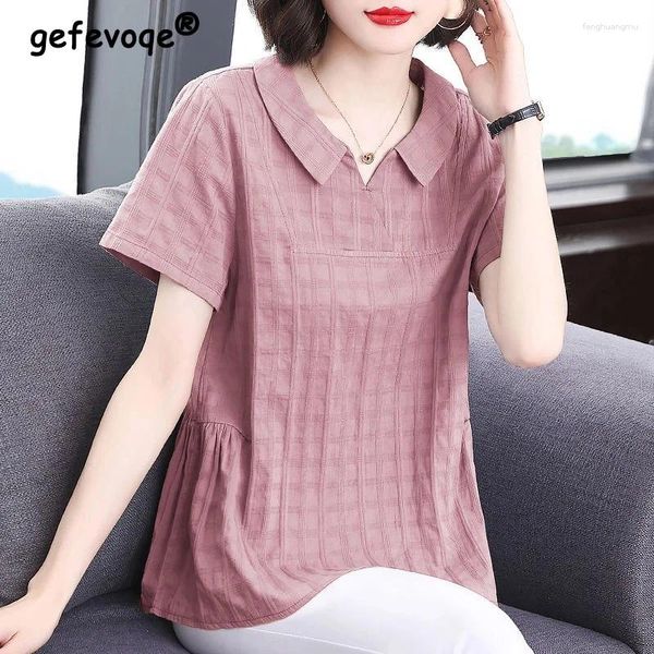 Frauenblusen Sommerpuppenkragen lose lässige Plaidfalten Hemd Frauen Kurzarm Vintage Mode All-Match Pure Cotton Bluse Top Frauen