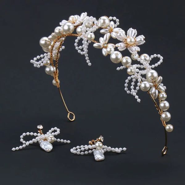 Set di gioielli per sposa set copricapo nuovo orecchini corona matrimonio super fata accessori per capelli perle perle fatte per perle fatte a mano.