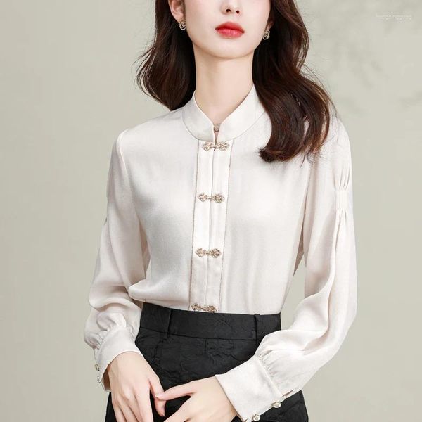 Camicette da donna camicia di seta in stile cinese primavera/estate in raso abbigliamento a maniche lunghe sciolte
