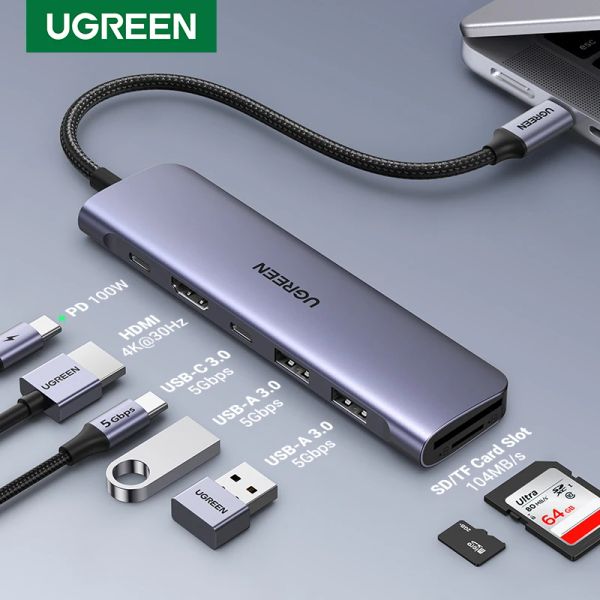 Hubs Ugreen USB C Tipo C 3.1 para HDMI 4K SD TF PD Adaptador 100W para MacBook iPad Pro Air M2 M1 Acessórios para PC