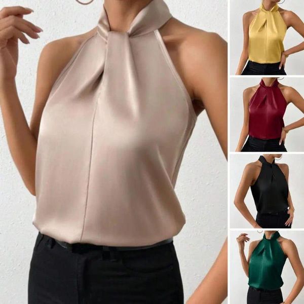 Camicette femminili di colore solido Donne vestiane eleganti canotte di raso per camicetta con calcole sciolte in stile seta imitazione liscia