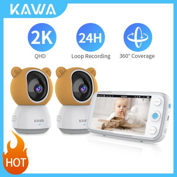 Monitora o monitor Kawa 2k Baby com 2 câmeras de áudio de áudio Nanny Wireless Camera com 4000mAh Bateria de 5 polegadas Visão noturna 360 Girar