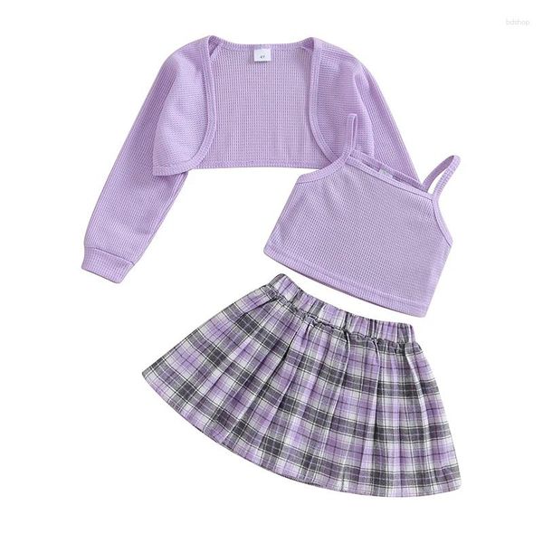 Set di abbigliamento Pudcoco Kids Girl Girl 3 pezzi Waffle Camisole e gonna a pezzi pieghettate a maniche lunghe cardigan set per bambini abiti estivi 4-7t