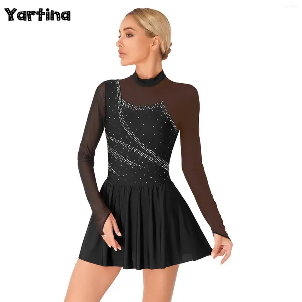 Abbigliamento da donna figura pattinaggio ghiaccio balletto da ballo costume scintillante abito di leootard di strass di strade vera abiti lirici a maglie