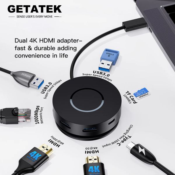 Hubs Getatek USB C Multiport Dockingstation mit 2 4K HDMI 100W PD Micro SD -Kartenleser USB 3.0 Hub RJ45 für MacBook Dell HP Lenovo