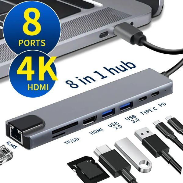 Хабс USB C Hub 8 в 1 тип C 3.1 до 4K Adapter HDMI с RJ45 TF/SD Reader PD Fast Charge для ноутбука MacBook ноутбук.