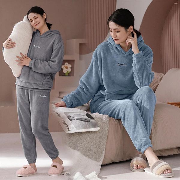 Frauen Nachtwäsche Ladies Koralle Velvet Pyjama Set Herbst und Winter weiche warme Tasche mit Kapuze -Tophosen Loungewear Nachtwäsche Modekleidung