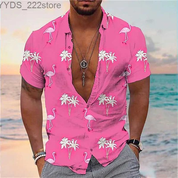 Мужские рубашки мужская рубашка Haian Flamingo Кокосовое дерево графическое 3D-печать улицы с короткими рубашками Высококачественные YQ240422