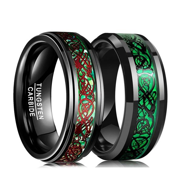 Bands Mode 8mm Herren Black Wolfram Carbid Ringe Red Celtic Dragon Green Carbon Faser Männer Edelstahl Ehering Schmuck Ring