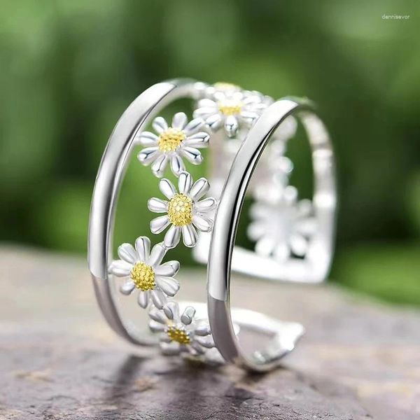 Rings de cluster real 925 Sterling Silver elegante Little Daisy Flower Ajustável Moda simples Presentes de jóias finas para mulheres