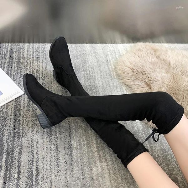 Stiefel 2024 schwarzer Oberschenkel hoher Winter Frauen über der Knie flache Stretch sexy Modes Schuhe Frauen