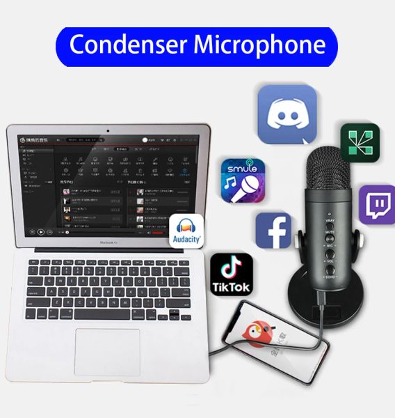 Microfoni Microfoni a condensatore Professional Microfono Registrazione Microfoni da tavolo Mic USB per laptop per laptop cantando streaming live