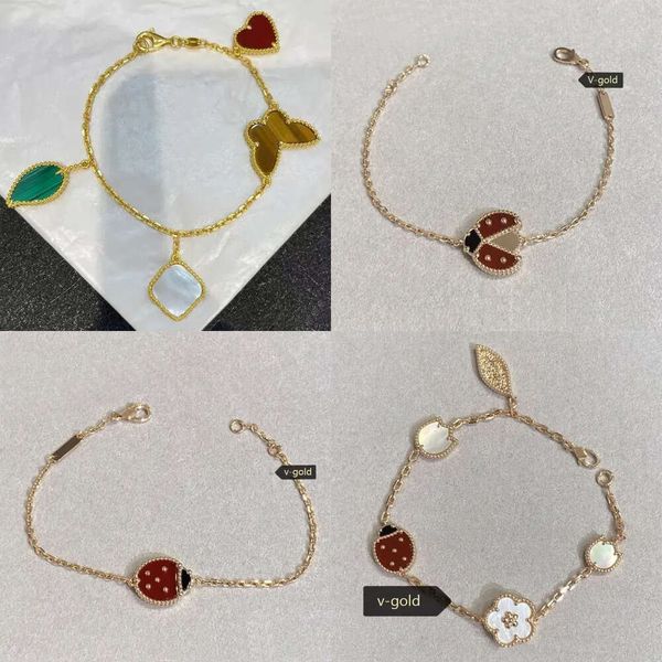 Red Sier Love Women, Bracciale di fascino designer con 4 motivi: trifoglio a quattro foglie, coccinella d'oro rosa, ciliegia, braccialetto a cuore, gioielli per ragazze,