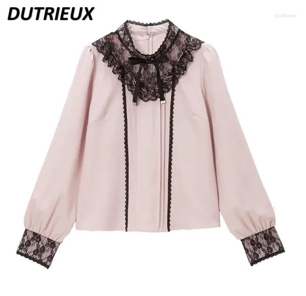 Blouses feminina Mina japonesa Mistura rosa com camisa preta Bottoming gravata borda renda de manga comprida blusa doce Tops de primavera com todas as correspondências