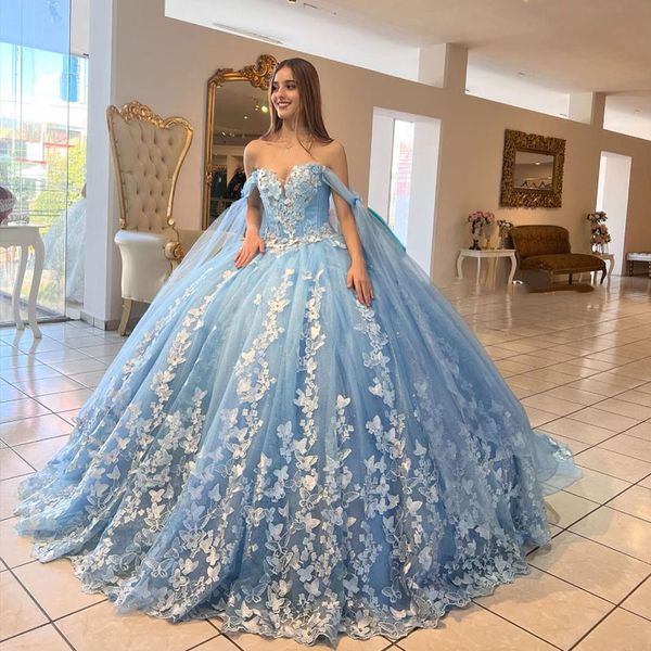 Sky Blue Princess Quinceanera si veste da Appliques per farfalla della spalla Sweet 15 Abito per abito da ballo in tulle di compleanno Vestidos de Quinceanera