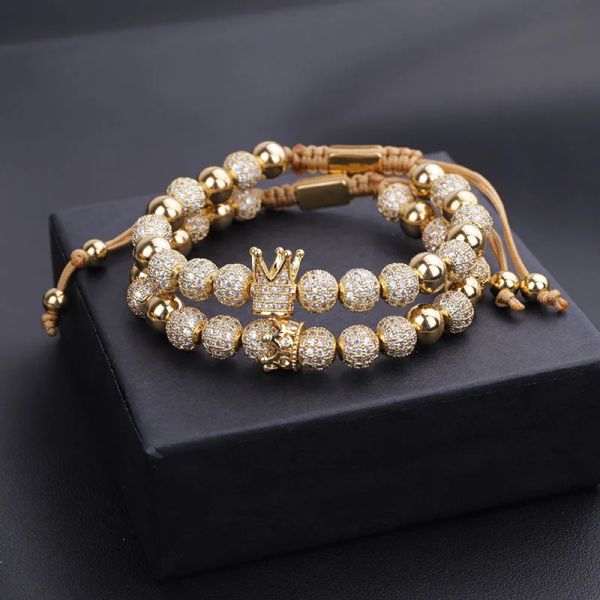 Strands Classic Iced Out Gioielli di lusso Micro CZ Pave Kingqueen Charms Royal Beads Macrame Cord Bracciale Hiphop