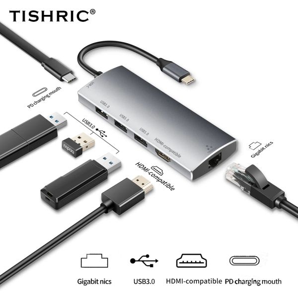 Hubs Tishric USB C Tipo C Dock OTG para Multi USB 3.0/2.0 Hub/Splitter SD RJ45 LAN 4K Adaptador compatível com MacBook Huawei