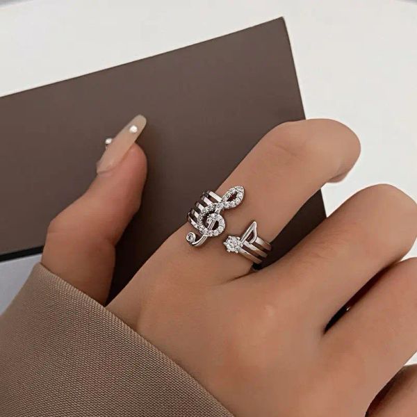 Bands Korean Fashion Microset Zircon Music Note Ring Trend Kupfer Offene Ringe für Frauen Statement Fingerschmuck Hochzeitdekoration