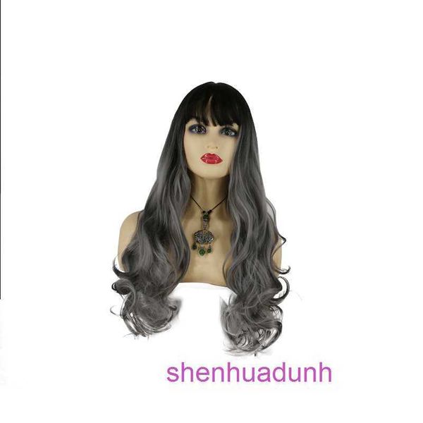 Hochwertige Modeperücken Haare Online -Shop Perücken Langes lockiges Haar matt weiblich dunkelgraue süße Headcover