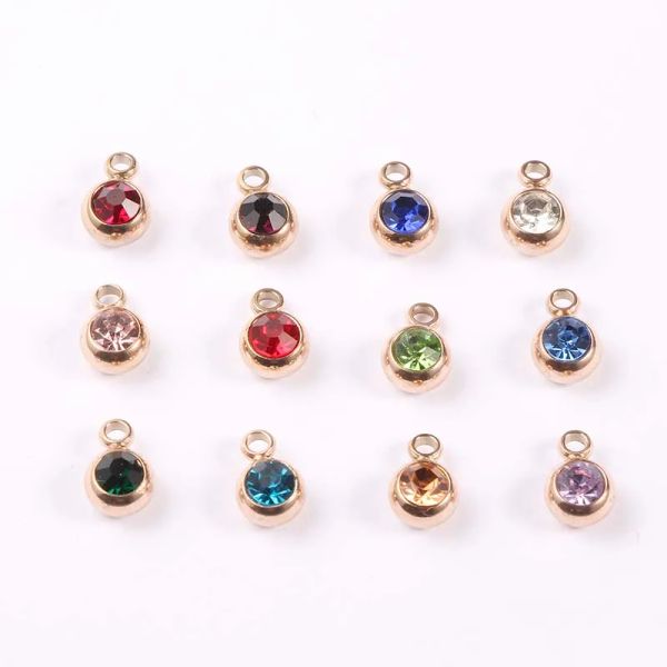 Charms Jaymaxi cor de ouro rosa 12 encantos de birthstone redondos de 6 mm de shortões de aço inoxidável DIY Jóias fazendo 50 peça/lote