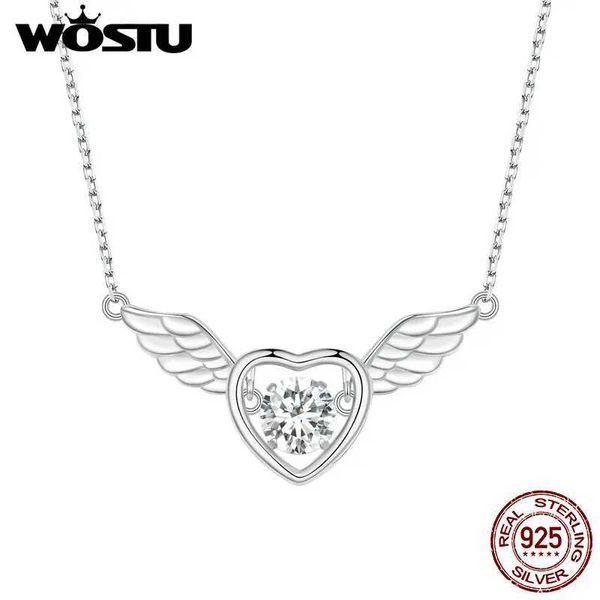 Colares Wostu 925 Sterling Silver Angel Wings Cara de pingente de coração para mulher White Crystal Charms Girl Chain Chain Jóias minimalistas