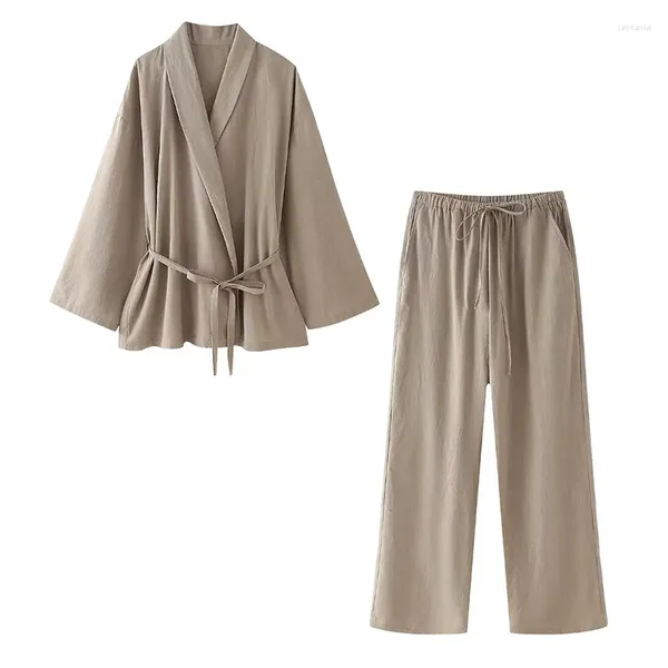 Pantaloni da donna a due pezzi allacciati set in stile pigiama per donne 2 pezzi Fashion Kimono Top Abita