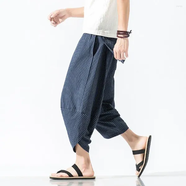 Herrenhosen lässig Sommer mit elastischen Drawess Taille vertikal gestreiften Print Harem für Streetwear beschnitten