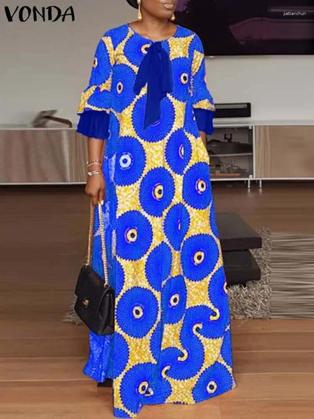 Sıradan Elbiseler Vonda Kadınlar Sonbahar Maxi Uzun Elbise 2024 Vintage Patchwork Desen Zemin Uzunluğu Bohem Plajı Sundress Gevşek Çöp Femme