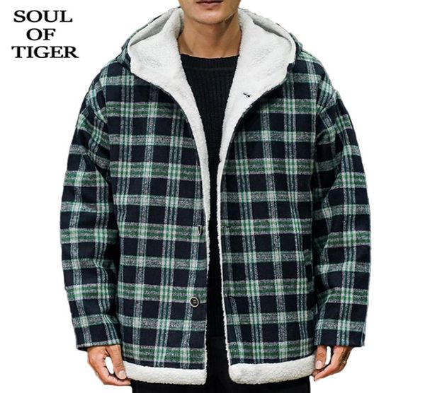 Soul of Tiger coreano Moda masculina Vintage Plaid Parka Masculino casual casual com capuz com capuz de inverno pêlo quente casaco de grandes dimensões xxxxxl 2011198447330