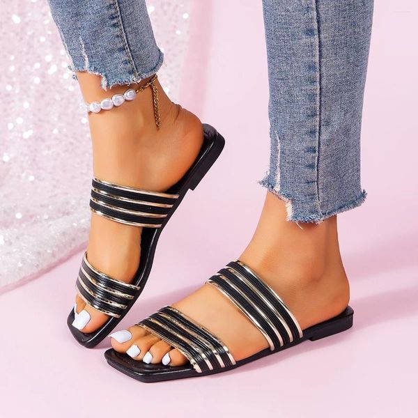 Slippers Ladies Color Summer moda moda listrada sandálias de cristal feminino casual e confortável feminino