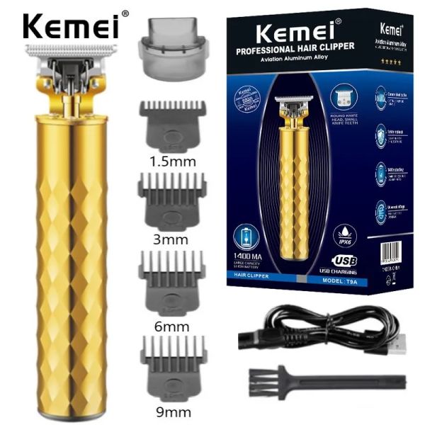 Clippers Kemei T9 CAPPIGLIO GOLD CAPPIGLIO PROFESSIONE PARBER ELETTRICO ZERO ZERO TRIMMER A PACCOLO 0MM MACCHINA DI TAGGI DI PAZIO USB USB ricaricabile