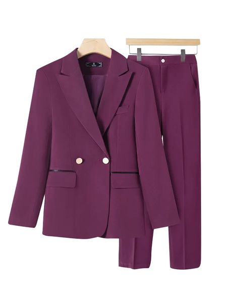 Moda S-4xl Office Ladies Formal Pant Suit Set Women Green Purple Feminino Trabalho de negócios Use 2 peças Blazer Jacket e calça 240415