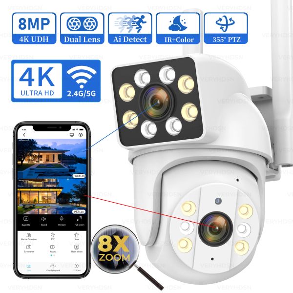 Câmeras 4K 8MP WiFi IP Camera Lens Dual Ptz Câmeras de vigilância sem fio de visão colorida PTZ Detectar rastreamento ao ar livre 8x zoom de 8x